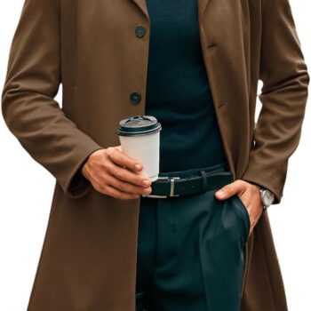 Mens Mid Long Trench Coat Slim Fit Winter Pea Coat Single Breasted Business Overcoat