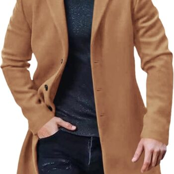 Men's Trench Coat Slim Fit Notch Lapel Single Breasted Top Coat Winter Warm Cotton Business Long Jacket Overcoat