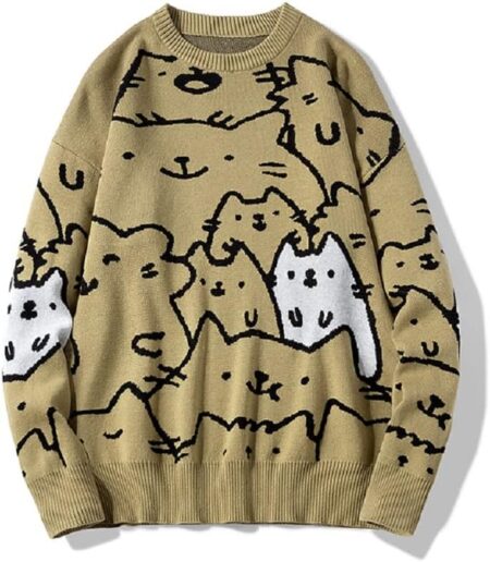 Men  Cat Sweaters Crewneck Long Sleeve Cotton Cute Pullover Sweaters