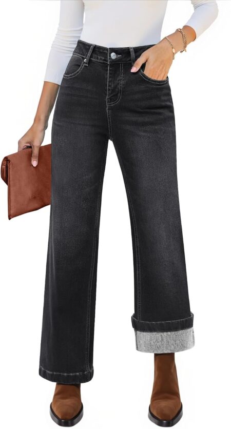 Flare Jeans for Women Thin Fleece Lined High Waisted Wide Leg Trendy Fall Stretchy Denim Pants Trouser Jeans