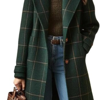 Women Winter Notched Collar Plaid Wool Trench Coat Button Down Mid Long Overcoat Outerwear
