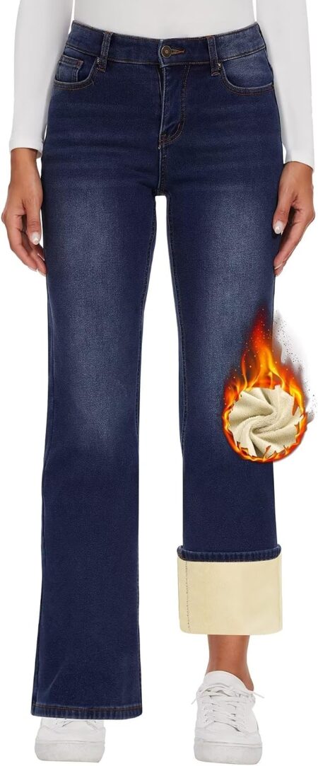 Fleece Lined Jeans Women High Waisted Wide Leg Baggy Jeans for Women Winter Lined Jean Pants