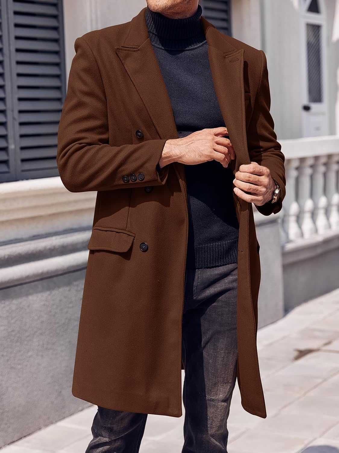Mens Trench Coat Mid Long Double Breasted Slim Fit Peacoat Notched Lapel Winter Business Overcoat - Image 2
