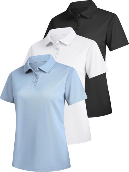 3 Pack Women Polo Shirts Short Sleeve 3 Buttons Collared Golf T Shirts Quick Dry Work Uniform & Casual Top
