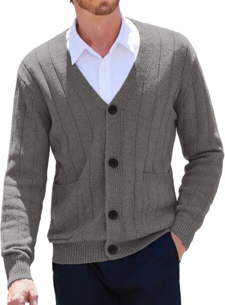 Men Cardigan Sweater Cable Knit V Neck Button up Sweaters Ribbed Cardigan Sweater with Pockets