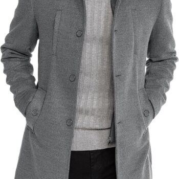 Mens Trench Coat Long Sleeve Stand Collar Single Breasted Pea Coat Casual Mid Long Slim Fit Overcoat with Pockets