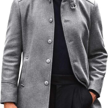 Mens Trench Coat Stand Collar Casual Slim Fit Single Breasted Pea Coat Overcoat