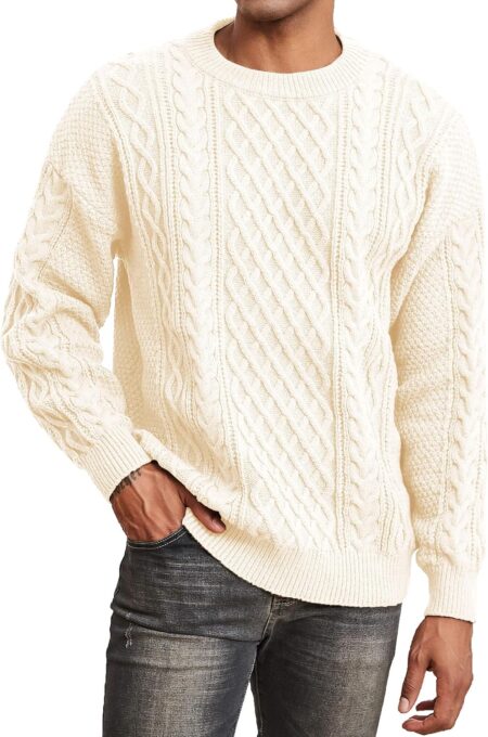 Men Knit Sweater Crewneck Loose Fit Casual Twist Patterned Textured Long Sleeve Cable Knitted Pullover
